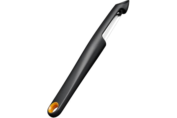 Fiskars Functional Form Potatisskalare med rörlig Blad | Universalskalare för Frukt och Grönsaker, Vassa Spets, Rostfritt stålblad/Plasthandtag, Svart/Orange, 1079960