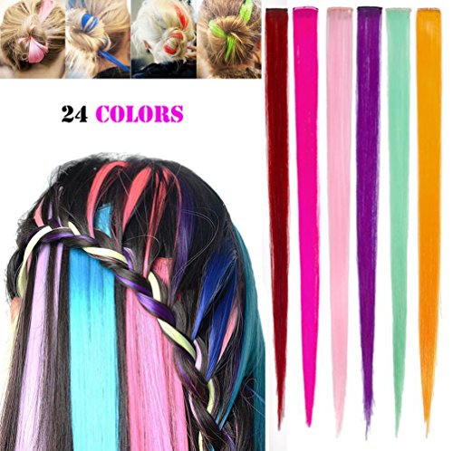 Haarverlängerungen, Perücken für Frauen, Clip-In-Extensions für komplette Haarverlängerung, 24Pcs/Set hitzebeständig Hair Piece Multi-Farben-Partei-Highlight auf dem Clip in Hair Fashion Beauty Salon Versorgung gerade (24 Colors)