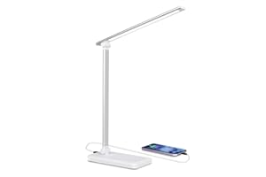 CHARYJOD Charyjad Lampe de bureau LED à intensité variable avec 5 niveaux de luminosité et 10 couleurs, avec port USB, ports de type C, support pour téléphone portable, la lecture, l'apprentissage.