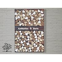 70x50 cm, Herz Design mit oder ohne Datum - Leinwanddruck Gästebuch, Hochzeitsbaum, Wedding Tree, Gästebuch, Baum, Leinwanddruck auf Keilrahmen, Herz Motiv, Holzoptik