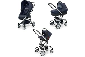Foppapedretti Trio Supertres I-Size, Sistema Modulare Combinato per Bambini, Navicella Passeggino e Seggiolino auto I-Size, Maniglione e Poggiagambe Regolabili, conforme ECE R129, Denim Ocean