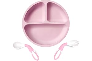 RHSHANLICUN Assiette bébé avec ventouse,Assiette enfant en silicone avec cuillère fourchette sans BPA,Assiette enfant antidérapante Toddler avec séparateur,Set de vaisselle enfant pour (Rose)
