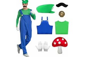 Antsparty New Plumber Costume for Kids Adult, 7PCS Super Plumber Fancy Dress Costume with Shirt Pants Cap Beard Gloves, Super Bros Halloween Carnival Cosplay Costume