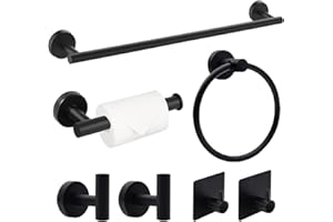 Cnwinu 7 PCS Bathroom Accessory,Toilet Roll Holder and Towel Holder Set,Wall Mounted Bathroom Accessories Set with Hardware,With Toilet Paper Holder,Towel Rail,Towel Ring,Self Adhesive Hooks (Black)