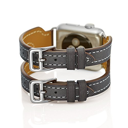 Aresh für Apple Watch Zubehör Armband,Double Buckle Cuff Luxus echtes Leder Apple Smart Watch Stulpeentwurf Ersatz Handgelenk Band für Apple Watch iWatch Apple Watch Series 2(42mm, Dunkelgrau) - 3