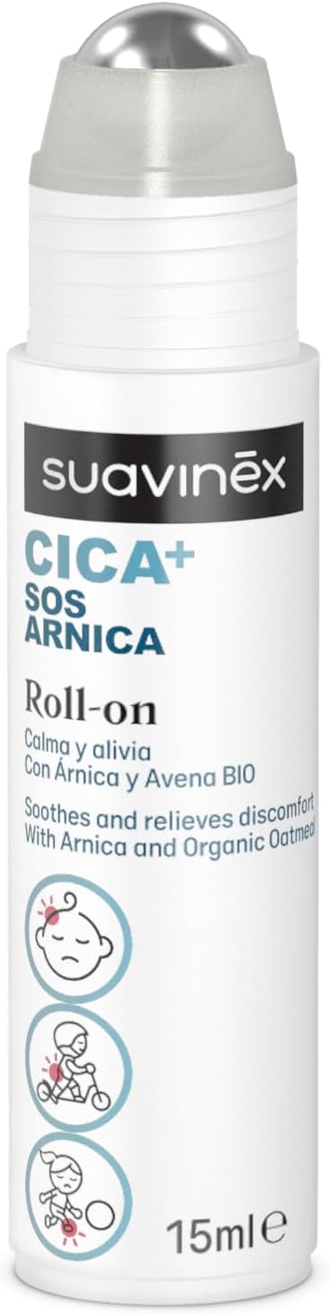 Suavinex, CICA Árnica Roll On, Calma y Alivia Rojeces y Golpes Leves, Apto Pieles Sensibles y Bebés +3 Meses, Sin Alcohol, Clínicamente Testado, 94% Ingredientes Origen Natural, 15 ml, +300 Dosis