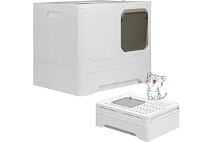 MINGYI Bac à Litière pour Chat Fermée, Grande Maison de Toilette Chat Pliable avec Couvercle, Tiroir à Litière avec Pelle, WC pour Chats, Jusqu'à 7 kg (Blanc L 45×35×38 cm)
