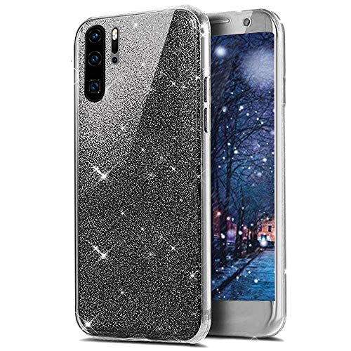 Preisvergleich Produktbild Homikon 360 Grad TPU Silikon Hülle Bling Glänzend Glitzer Strass Schutzhülle KomplettDurchsichtige Handyhülle Fullbody Vorne Hinten Rundum Etui Kompatibel mit Huawei P30 Pro - Schwarz