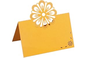 KOSTOO Table Card for Wedding Bride Shower Dinner, Reception, Banquet, Buffet Food, Seating Place Cards for Tables, Scored for Easy Folding, Hollow Flower Design, 50 Pack (Gold)