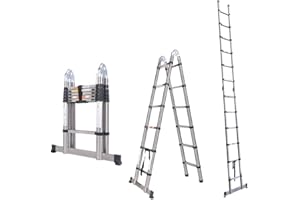 EFAN Échelle Télescopique 3.8M(1.9M + 1.9M), Escabeau Telescopique Multi-usages en Acier Inoxydable, A-Frame Échelles Extensible Pliable pour Jardin Extérieur, Ménage Quotidien, Charge Max 300lbs