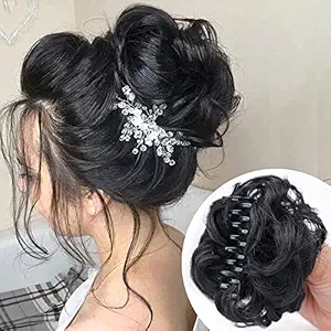 HOJI Messy Curly Dish Hair Claw Bun Hairpieces Clip in Claw Hair Natural Looking Wavy Curly Combs Clip in Ponytail Synthetic Hairpiece for Women (Black)