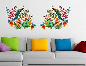 Decals Design Peacock Birds on Branch Leaves Wall Sticker (PVC Vinyl, 60 cm x 90 cm, Multicolour)