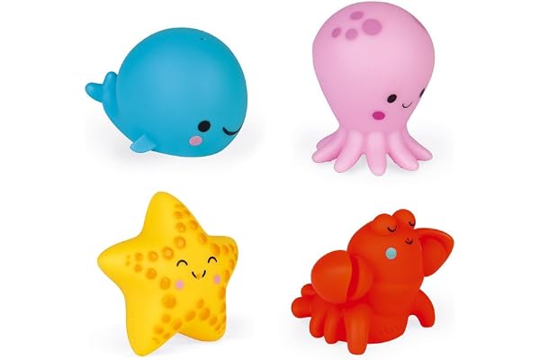 Janod - Aspergeurs Animaux de la Mer - Lot de 4 - Animaux Arroseurs Rigolo - Jouets Bain pour Bebe Enfant - Dès 10 Mois, J04703