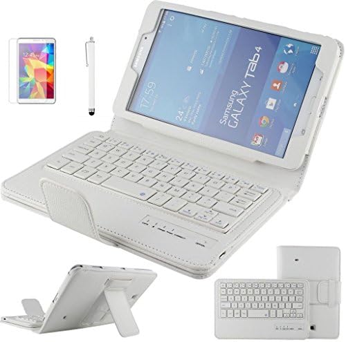 Continu® White Bluetooth Keyboard (QWERTY) Litchi Grain PU Leather Protective Case with Support Function Wireless Detachable Bluetooth Keyboard Stand Case Cover for Samsung Galaxy tab 4 8.0 inch SM-T330/ T331/ T335 + 1x Free Screen Protector + 1x Free Touch Pen--White