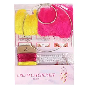 BS AMOR Dream Catcher DIY Craft Making Kit Supplies by ILU Art and Crafts Materials Includes Feathers Metal Rings Set for Kids Hobbies (Pink, Yellow)