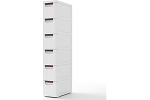 ‎COSTWAY COSTWAY Nischenschrank schmal mit Rollen, Nischenregal 20cm breit, Nischenwagen mit 6 Schubladen, Badrollwagen für Bad, Klassenzimmer, Studio & Salon, Weiß, 42 x 19 x 109 cm