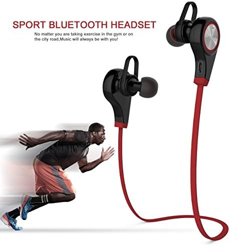 Bluetooth Earphones, Bluetooth V4.1+EDR Headphones Stereo Earbuds, Secure Fit for Sport, Gym with Built-in Mic (Red)