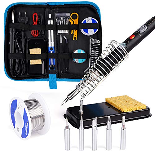 Fer à Souder Kit, 60W Kit de Soudure Pistolet à Souder à Température Réglable avec Interrupteur ON/OFF,Temperature Réglable de 200~480℃, 5 Pointe de Soudage, Fil de Soudure, Pompe à Dessouder etc.