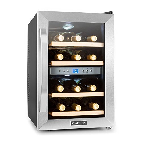 Klarstein Cave à vin réfrigérée • 34 litres • 12 bouteilles • 2 zones de température réglables de 7 ° à 18 ° C • Fonctionnement silencieux (42dB) • Ornée de 4 étagères amovibles façon bois • classe énergétique B • inox  &  verre