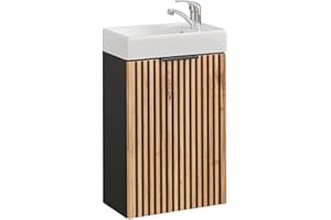 Lomadox Mobile da bagno, 41 x 66 x 22 cm, piccolo per ospiti, con lavandino, in ceramica, antracite con rovere Nb. nero scanalato