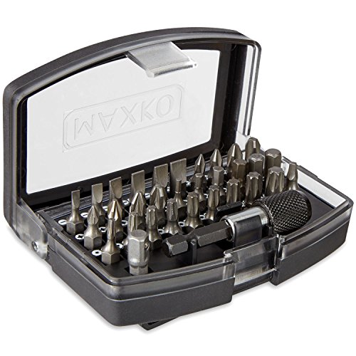 MAXKO Bit-Set, 32-Teilig, inklusive Bithalter und Adapter Vierkant auf Sechskant, für Heimwerker und Akku-Schrauber - 6 x Schlitz: 3 / 4 / 5 / 5,5 / 6 / 7, 8 x Kreuzschlitz: 4 x PH (Phillips): 0 / 1 / 2 / 3 und 4 x PZ (Pozidriv): 0 / 1 / 2 / 3, 6 x Sechskant Innen: 2 / 3 / 4 / 5 / 5.5 / 6, 9 x Torx: 10 / 15 / 20 / 20 / 25 / 25 / 27 / 30 / 40 - mit 2 Jahren Geld-zurück-Garantie