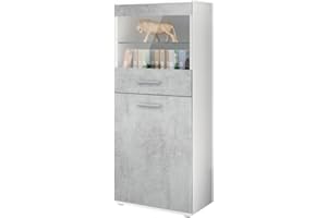 ‎VLADON Vladon Vitrine Almada, Made in Germany, Standvitrine mit 2 Türen, 4 Fächern und 1 Glaseinsatz, Weiß matt/Beton Oxid-Optik (53 x 125 x 30 cm)