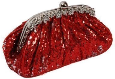 Red sequinned clutch bag padded with diamante edging and ball clasp to close