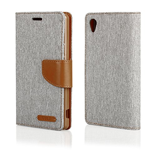 EGO   Luxury Bookstyle Handy Tasche mit praktischer Aufstellfuntkion f  r Sony Xperia M4 Aqua Grau Flip Case Magnetverschluss Book Cover mit Kartenfac