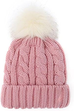 Ladies Chunky Soft Cable Knit Hat With Cosy Fleece Liner an Faux Fur Pompom , pink