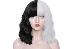 ‎MILDISO Cruella Perücke for Cruella Devil Kostüm Damen Kurz Bob Locken Perücken Natürlich Wig für Frauen Cosplay Kostümparty Wig 047J