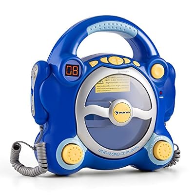 auna Pocket Rocker • chaîne karaoké pour enfants • 2 microphones dynamiques • lecteur CD • enceintes stéréo • fonction répétition • sortie écouteurs 3,5mm • alimentation optionelle par piles • bleu