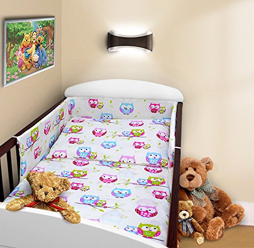 COT BUMPER 100% COTTON PADDED FOR BABY FIT COT 120x60 140x70 STRAIGHT (190cm to fit cot 140x70cm, Owls White)