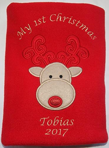 Unisex Baby’s Personalised 1st Christmas Reindeer Super Soft Fleece Blanket (Red)