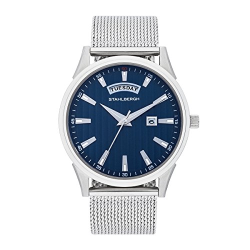 Stahlbergh Varberg Herrenuhr Quarzuhr Edelstahl silber/blau 5 ATM Przisions-Quarzwerk Big Date/Datum Edelstahlarmband Milanaise silber - Armband-Uhr analog Milanaise-Armband Stahlbergh Varberg Herrenuhr Quarzuhr Edelstahl silber/blau 5 ATM Przisions-Quarzwerk Big Date/Datum Edelstahlarmband Milanaise silber - Armband-Uhr analog Milanaise-Armband