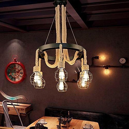 Hemp Rope Pendant Lights American Rustic Industrial Ceiling Pendant Lights Retro High Quality Iron Wheel Hanging Lamp for Living Room Restaurant Study Cafe Indoor Home Warehouse Farmhouse Barn Lighting Fixtures with E27*6-Lights