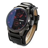 Wasserdicht Herren Armbanduhr Casual Uhr Edelstahl Wasserdicht Quarz Outdoor Sport Military runden Zifferblatt Leder Band Sekunden Quarz Armbanduhr, schwarz / rot