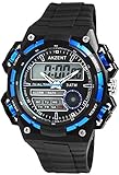 Herrenuhr Analog Digital Armbanduhr Schwarz Blau + Box Quarz Silikon Chronograph Sport Alarm Licht Stoppuhr Datum AnaDigi