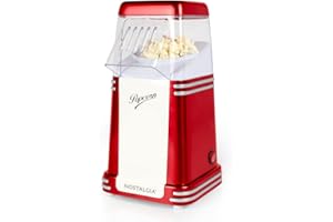 Nostalgia Heißluft-Elektropopcornmaschine, 1,9 Liter, Gesunde Öl-freie Popcorn mit Messlöffel, Retro Rot