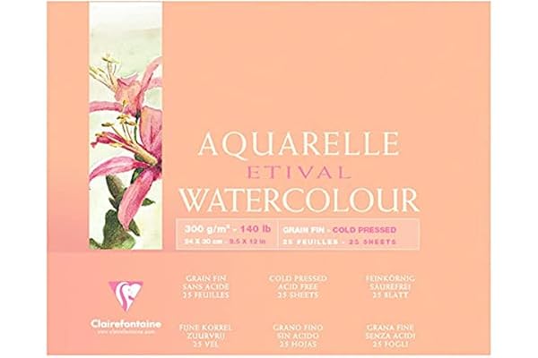 Clairefontaine 96471C Bloc Encollé 4 Côtés Etival - 25 Feuilles Papier Aquarelle Blanc 100% Cellulose Grain Fin Qualité Étude 24x30 cm 300g