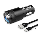 Cargador de Coche ONSON 24W 4.8A Doble Puerto Cargador Coche USB Adaptador con Cable Lightning 1M para Apple iPhone 7 / 7 Plus / 6S / 6S Plus / 6 / 6 Plus / SE / 5s / 5c / 5 – Negro