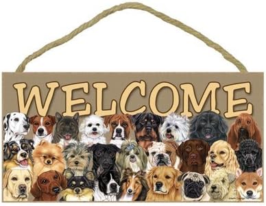 Welcome ? (Welcome In English (3 Rows Of Dogs 5 x 10 Wood Plaque Sign