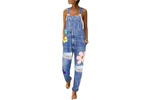 Onsoyours Jeanslatzhose Damen Latzhose Retro Jeanshose Trägerhose Hoseanzug Denim Blumen Overall Gerades Bein Lang Trägerhose Ärmellos Locker mit Taschen