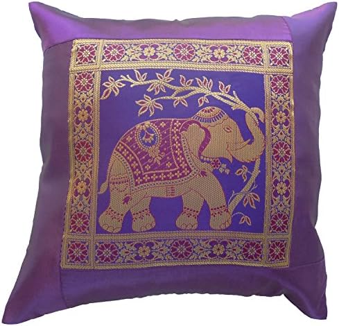 Elephants Flowers Purple Pillowcase Cushion Cover Pillow 41.5 cm x 41.5 cm Thai Silk Sofa Couch