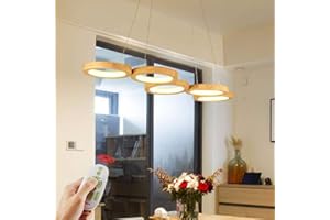 HYQJUNE Nowoczesny żyrandol, lampa wisząca LED, drewno, 4 żarówki, z pilotem zdalnego sterowania, ściemniana, z regulacją wysokości, do jadalni, salonu, baru, restauracji, kuchni, sypialni, 5 głowic