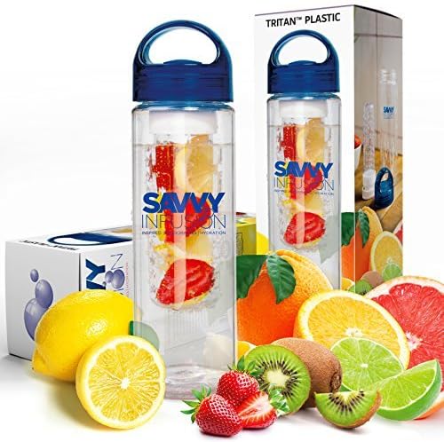 Savvy Infusion Water Bottles - 24 or 32 Ounce Fruit Infuser Bottle - Featuring Unique Leak Proof Silicone Sealed Cap with Handle - Great Gifts for Women 24 oz Blue