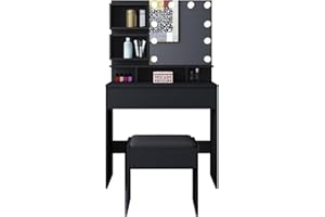 HOME EAGLES LIMITED Dressing Table with Mirror and Stool, Black Vanity Makeup Table with 2 Shelves and 1 Drawer, Girls Dressing Table with Light Bulb Set, Cosmetic Bedroom Dresser Make Up Writing Desk for Bedroom