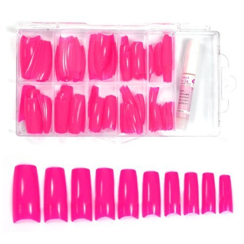 BF New Colored French Acrylic Nail Tips with Tip Box & Glue For Nail Extensions Nail Art Display (100pcs) - Sharp Pink