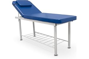 QUIRUMED Table de Massage Fixe, 2 Corps, avec Structure en Acier, Couleur Bleu, Similicuir, Trou Facial, Coussin, Porte-Rouleau, Plateau inférieur, Jusqu'à 180 kg