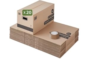 Pack and Move - Lot 20 cartons déménagement stockage standard - 60 x 30 x 30 cm - Poignées renforcées - 1 adhésif offert