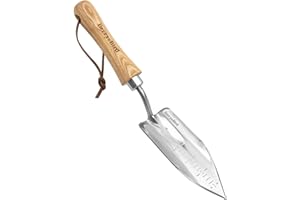 Berry&Bird Topfkelle, Edelstahl Gartenkelle mit Holzgriff, gezahnt, Messskala für müheloses Graben, Wurzeln, Pflanzen, Schneiden und Umpflanzen